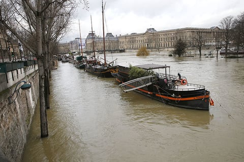 Paris Flood Newscred Editorial Travel Group Only Boats are lined up along the flooded river Seine in Paris France