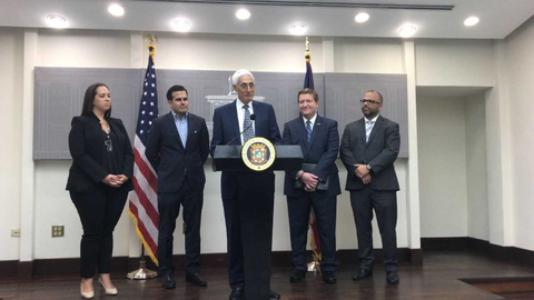 Puerto Rico DMO CEO Announcement Editorial L to R: Carla Campos, deputy director Puerto Rico Tourism Company; Hon. Ricardo Rossello, governor of Puerto Rico; Jon Borschow, chairman of the board, Puerto Rico DMO; Brad Dean, CEO, Puerto Rico DMO; and Manuel Labor, secretary of Department of Economic