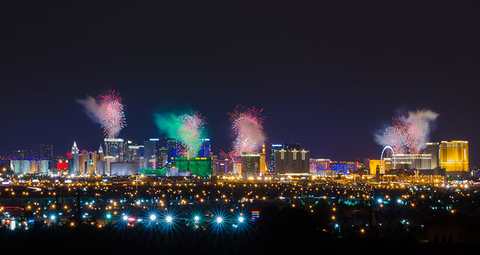 Vegas Fireworks Getty View of Las Vegas strip at night with firework display on New Year Day.