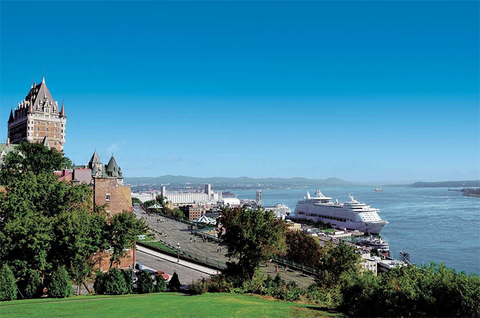 Quebec City Cruise Ship Editorial Cruise ship docked in front of the Chateau Frontenac in Quebec City