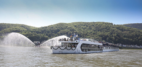 AmaKristina Christening Editorial Water cannons celebrate the arrival of the AmaKristina to its christening ceremony