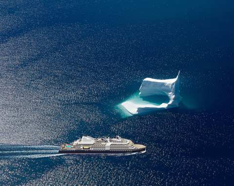 SeaDream Innovation Image of he new yacht sailing next to a glacier