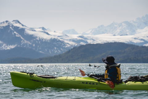 UnCruise Adventures Guest Kayaks Glacier Bay, Alaska Image of kayaker looking over at mountain range