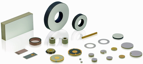 Fig. 1: Variety of standard piezo transducer elements each one suited for a specific application: tubes, disks, benders, shear transducers or translators.