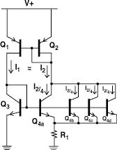Figure 5. The proportional-to-absolute temperature current source is a circuit that has bias currents that vary as a linear function of absolute temperature. The circuit is the basis for most precision semiconductor temperature sensors.
