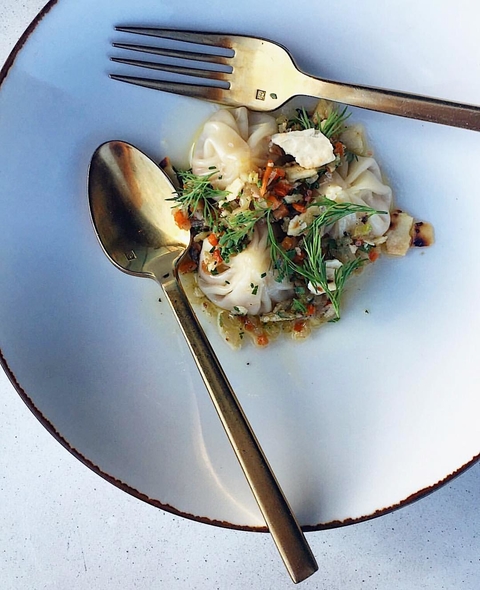 Matzo Ball Soup Dumplings with gold fork and spoon at El Five in Denver, Colorado - How to Curate Your Instagram Presence