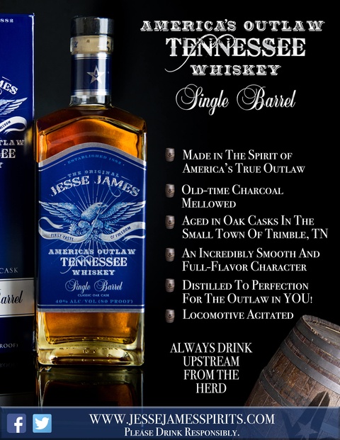 Jesse James America’s Outlaw Single Barrel Tennessee Whiskey bottle
