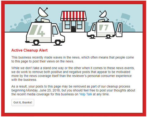 Yelp Active Cleanup Alert popup