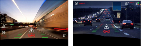Sensors Insights 1 2017-12-15 Fig3 Fig. 3: HUDs superimpose digital images on top of real-world environments, like AR. For this reason, a critical safety concern is visibility of projected images against all backgrounds. Images must be bright enough to remain discernible both day and night