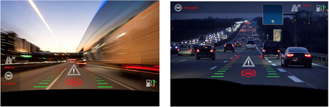 Fig. 3: HUDs superimpose digital images on top of real-world environments, like AR. For this reason, a critical safety concern is visibility of projected images against all backgrounds. Images must be bright enough to remain discernible both day and night