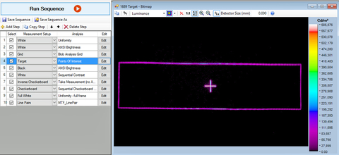 Sensors Insights 1 2017-12-15 Fig6 Fig. 6: The test sequencing software above is programmed with ten steps, from uniformity to MTF line pair analysis, to perform multiple measurements of the HUD projection at once.