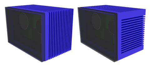 Fig. 2: LIDAR enclosure design with (left) side fins aligned vertically with gravity, (right) aligned with system airflow.