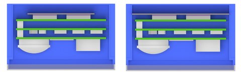 Fig. 3: Solid-state LIDAR electronics layout with (left) internal heat spreaders, (right) conduction path from IC to enclosure for critical components.