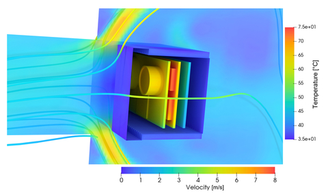 Sensors Insights 2018-03-29 Fig6 Fig. 6: Enlarged cross section of the LIDAR with a speed contour and surface temperature plot.