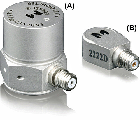 Fig. 6: On the left is a popular side-connector accelerometer that weighs 7.8 g and is used on heavy test articles (A). The miniature accelerometer (B) on the right weighs 0.5 g and can be mounted on lightweight structures and PC boards.