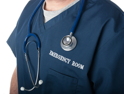 Emergency room doctor physician stethoscope scrubs CREDIT: Getty/gordonsaunders Emergency room doctor with stethoscope