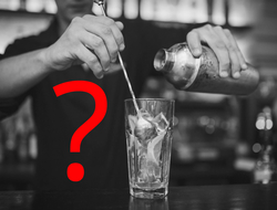 Black and white photo of bartender with question mark Black and white photo of bartender with cocktail shaker