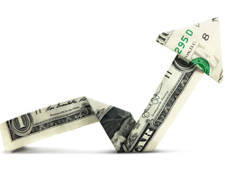 Dollar bill folded into an upward arrow Dollar arrow pointing up