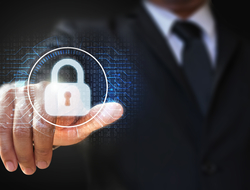 cybersecurity BBusinessman touching lock icon on binary code and circuits background