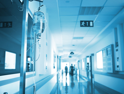 Hospital hallway A photo of a hospital hallway and an IV bag
