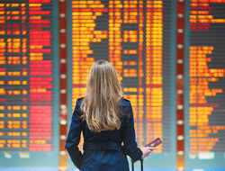 woman at airport looking at information board woman at airport looking at information board