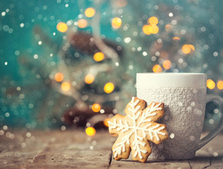 Holiday Travel Getty Christmas or New Year composition with cocoa, marshmallows, gingerbread cookies and christmas decorations