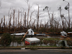 Hurricane Michael Newscred Editorial Travel Group Only Shredded trees, derailed train cars and a sunken trailer are seen in the aftermath of Hurricane Michael in Panama City, FL.