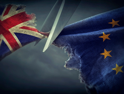 Brexit concept egal/iStock/Getty Images Plus/Getty Images British flag being cut by scissors from the European union flag