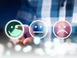 Smiley face, neutral face and frowning face Person choosing smiley face, neutral face or frowning face