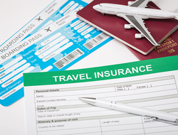 travel insurance // Photo by scyther5/iStock/Getty Image Plus/Getty Images travel insurance with a model airplane, tickets, and a passport